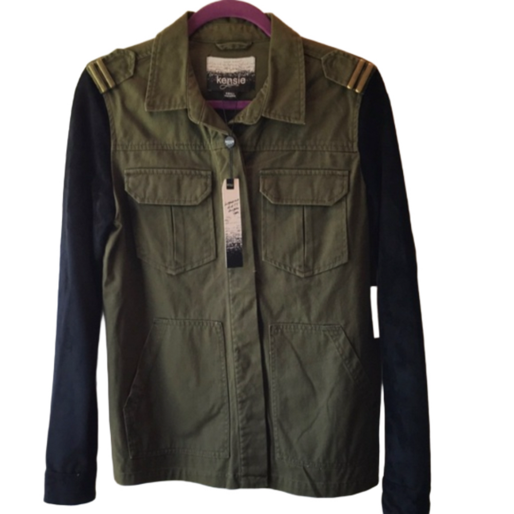 Kensi Jeans Jacket, Khaki green black suede sleeves, button front! SASSY!  NWT